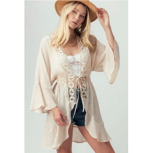 CLEARANCE Natural Boho Crochet Ruffle Bell Sleeve Cardigan - Picture 4 of 4